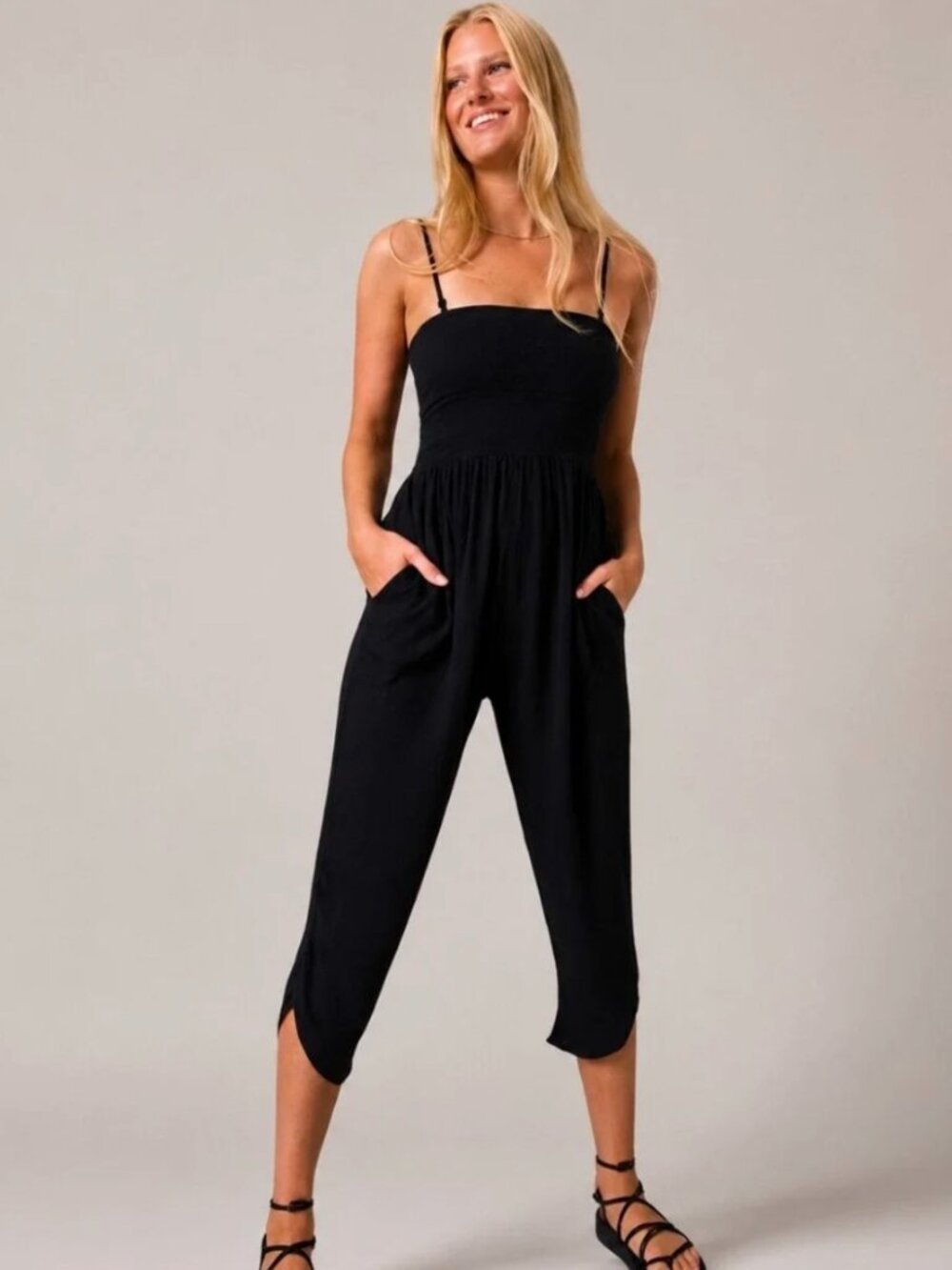 Prana Fernie Jumpsuit Black Strappy Cropped Length M